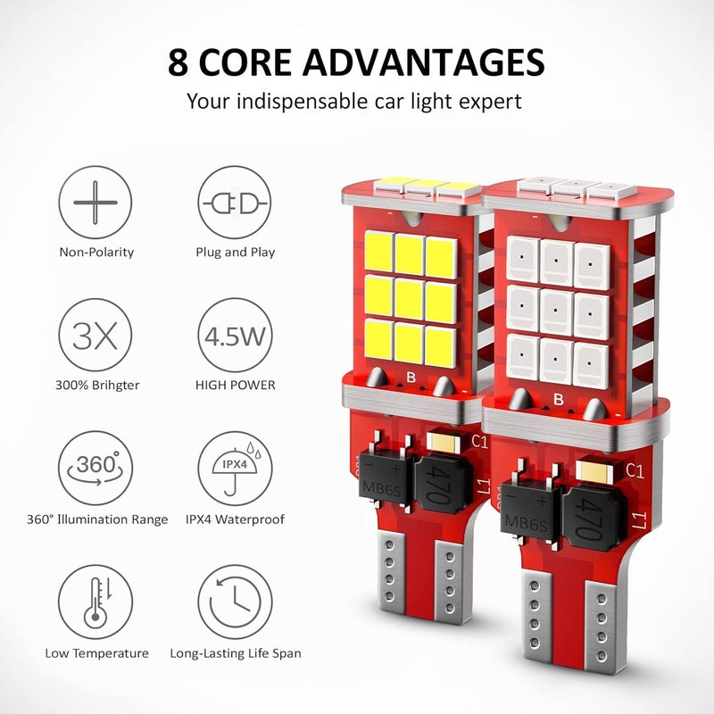FANTELI 921 LED Bulb, Strobe 3rd Third Brake Light Bulb Red and Truck Cargo Bed Lights White, 300% Brighter Non-Polarity 194 912 T15 906 904 902 W16W, Pack of 4 - Image 2